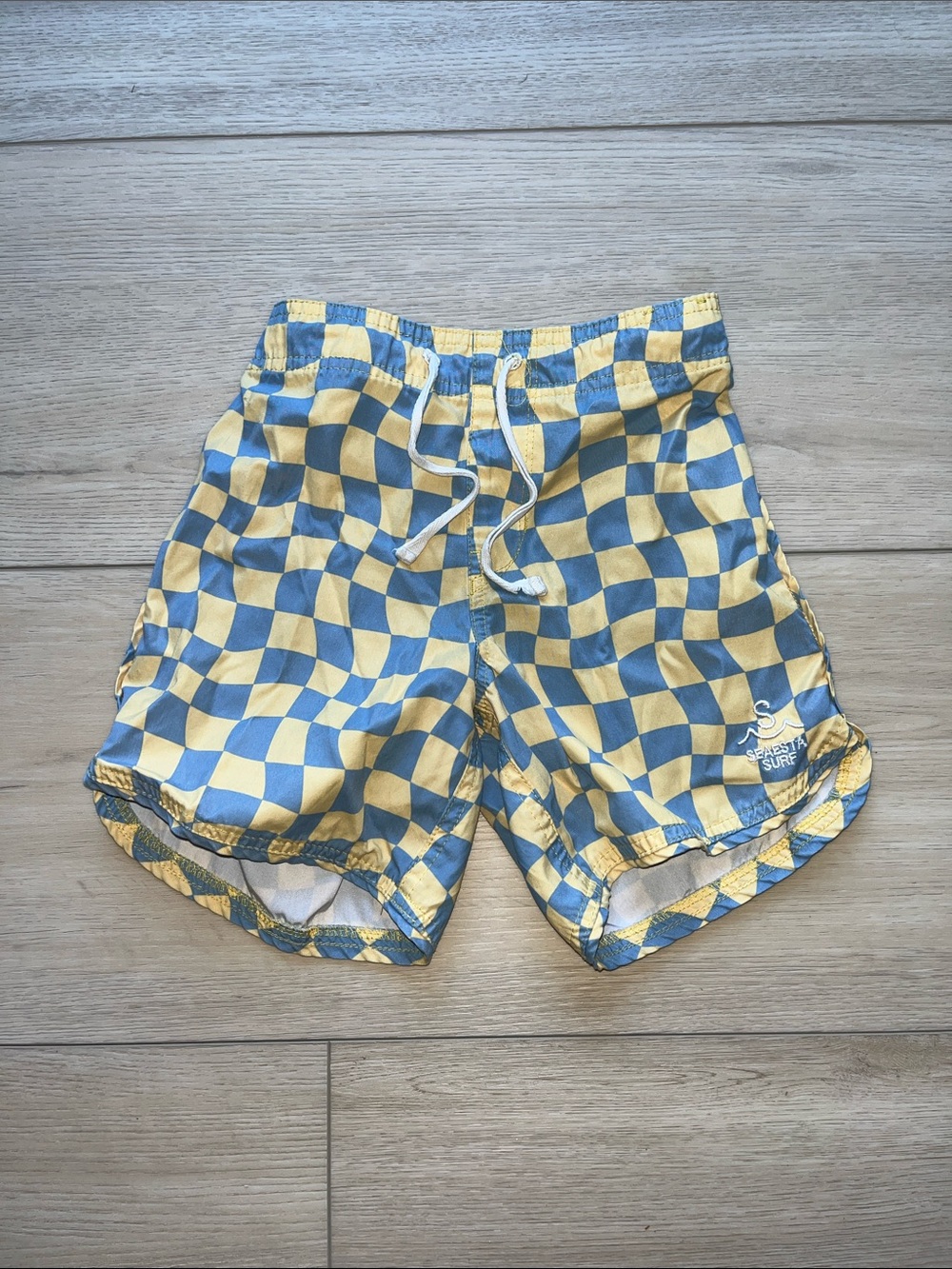 Checkerboard Yellow & Blue Kids Swim Trunks with Drawstring